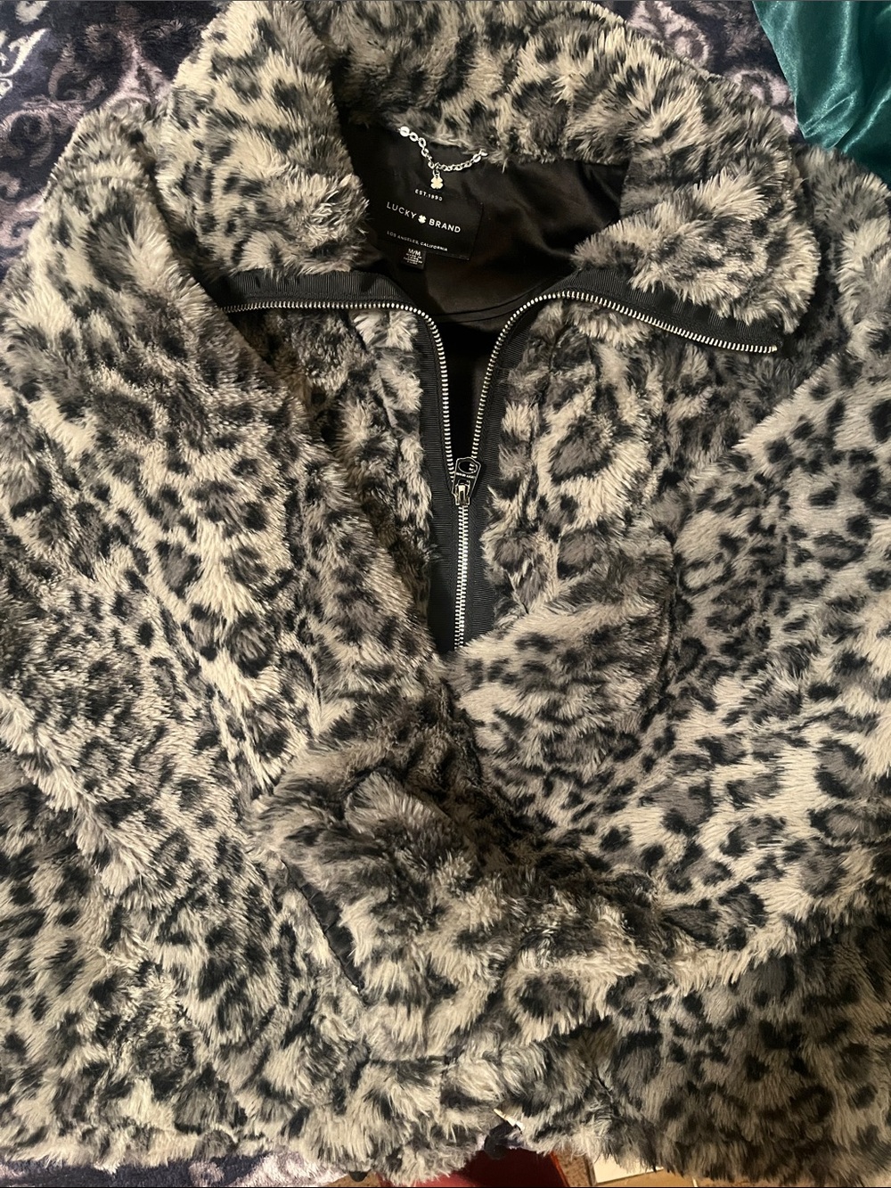 Lucky Brand Gray and Black Leopard Faux Fur Jacket